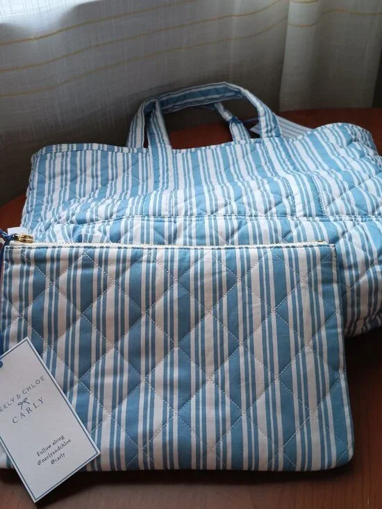 NWT Neely & Chloe Sky Blue & White Striped Cotton Tote with Insert Clutch - Picture 8 of 13